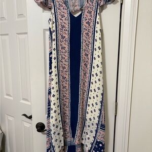 Maeve Anthropologie Blue and Pink Maxi high low Dress